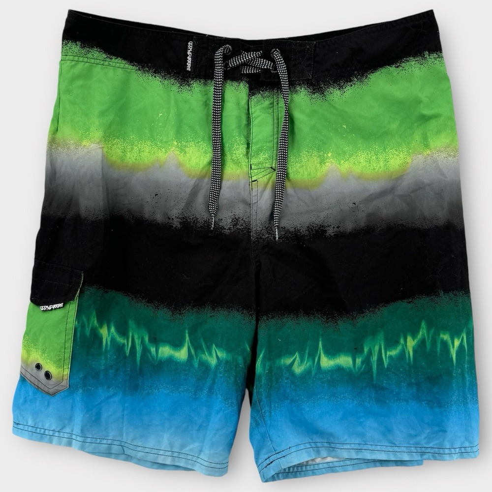 Ocean Current Board‎ Shorts Mens 38 Swim Trunks Blue Green Lightning Print Beach